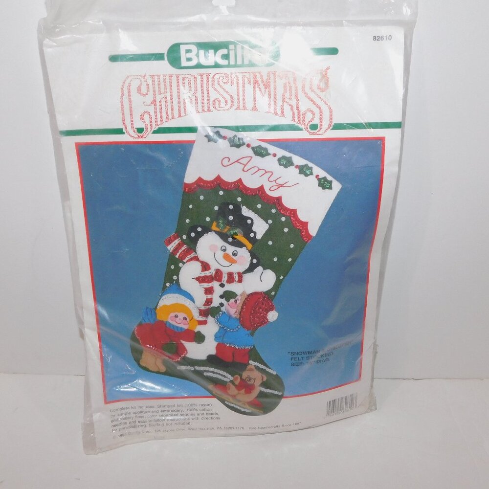 VTG 1990 Bucilla Christmas Snowman & Children 18" Felt Stocking Kit NEW 82610